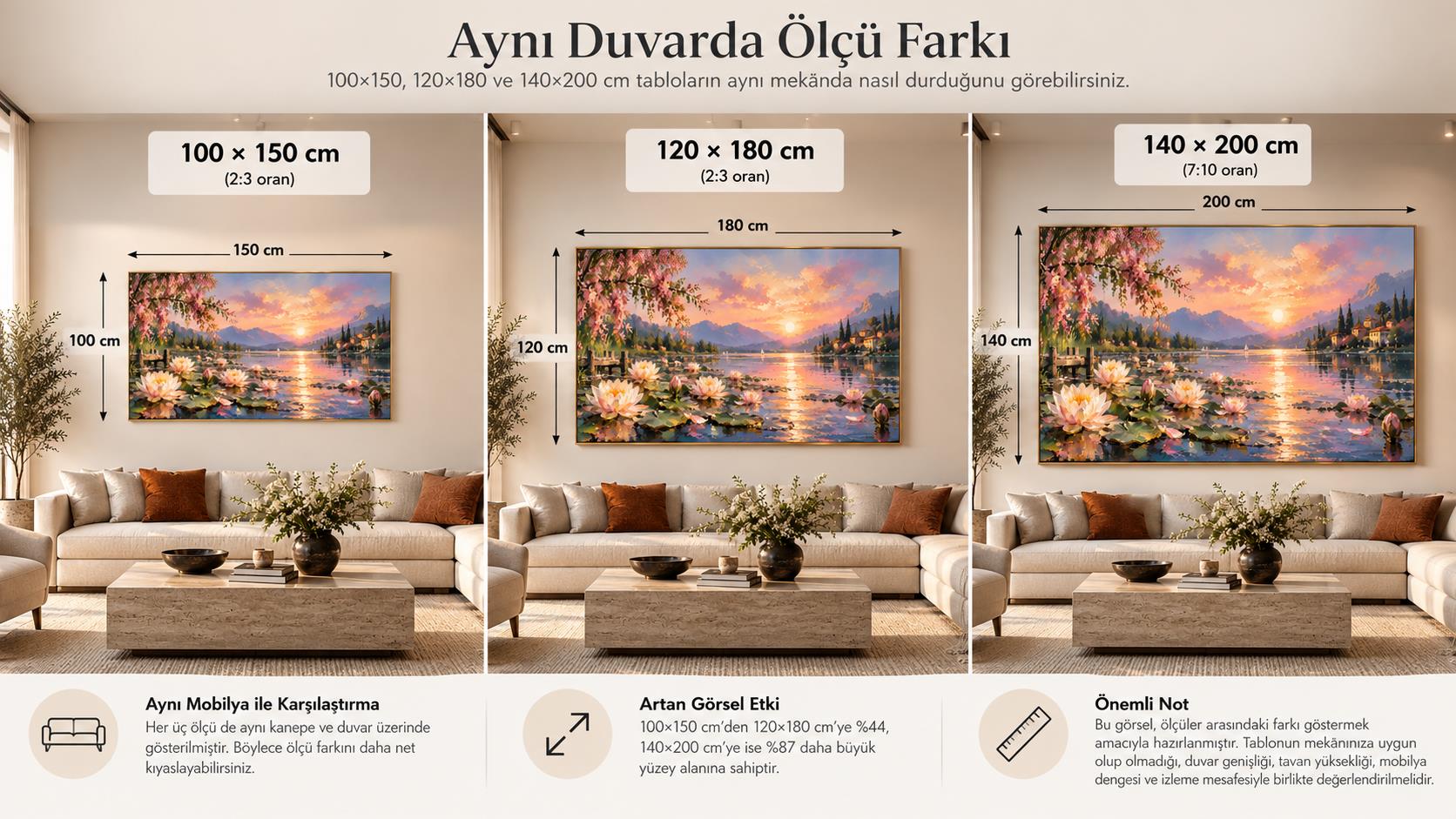 100x150, 120x180 ve 140x200 cm büyük tablo ölçülerinin aynı duvarda karşılaştırması