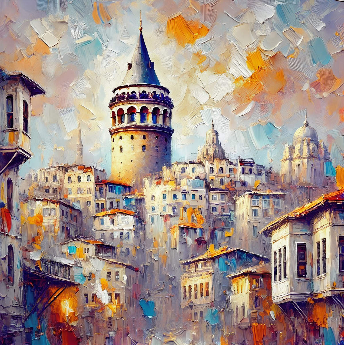Galata Kulesi çevresinde sıkışık evler ve dar geçitlerden oluşan şehir kompozisyonu