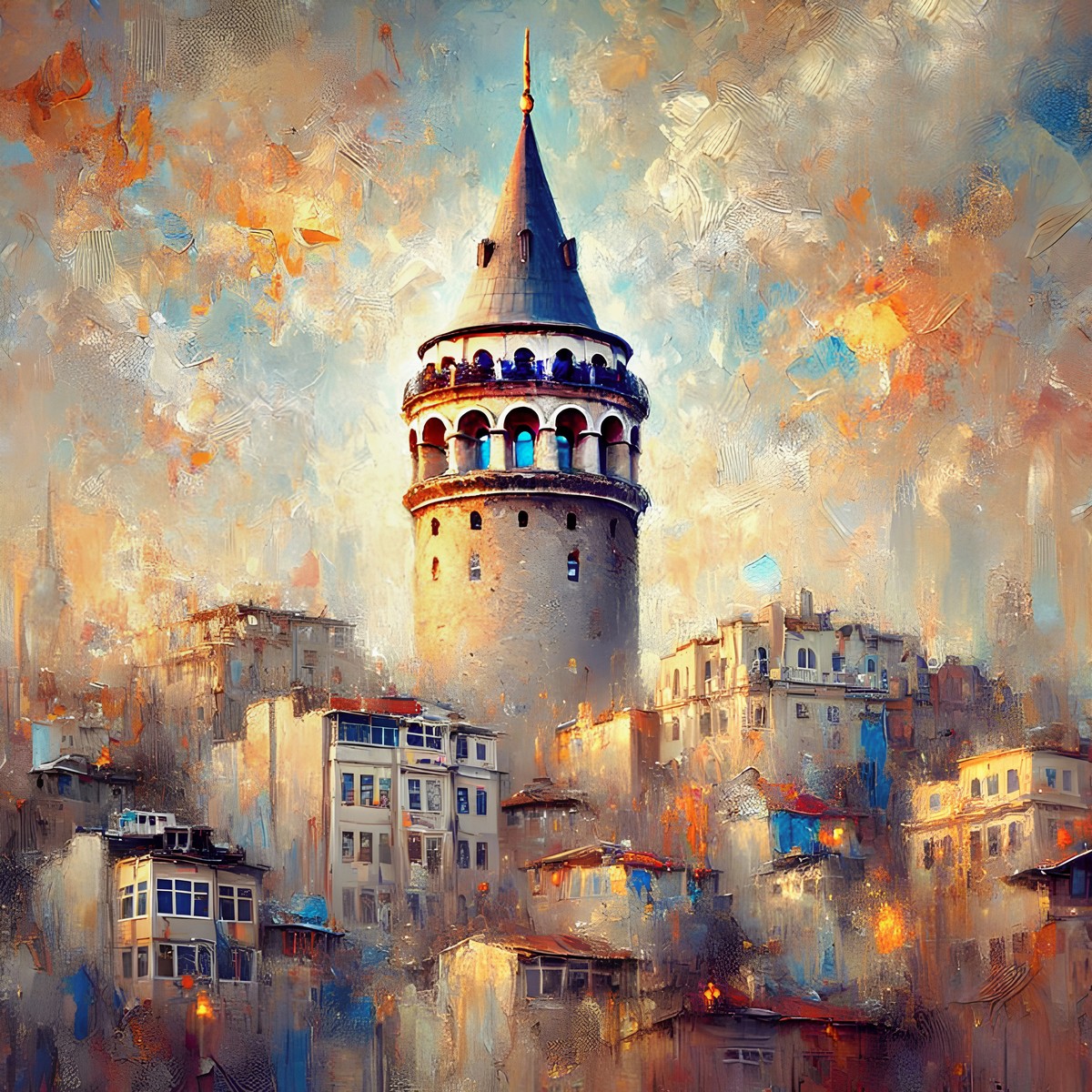 Sıcak sarı ve mavi renk alanları arasında yükselen Galata Kulesi ve çevresindeki yapılar