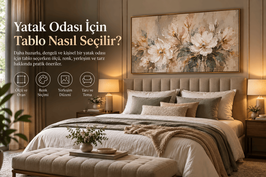 Yatak odasında yatak başı üzerinde tablo seçimi ve yerleşimi