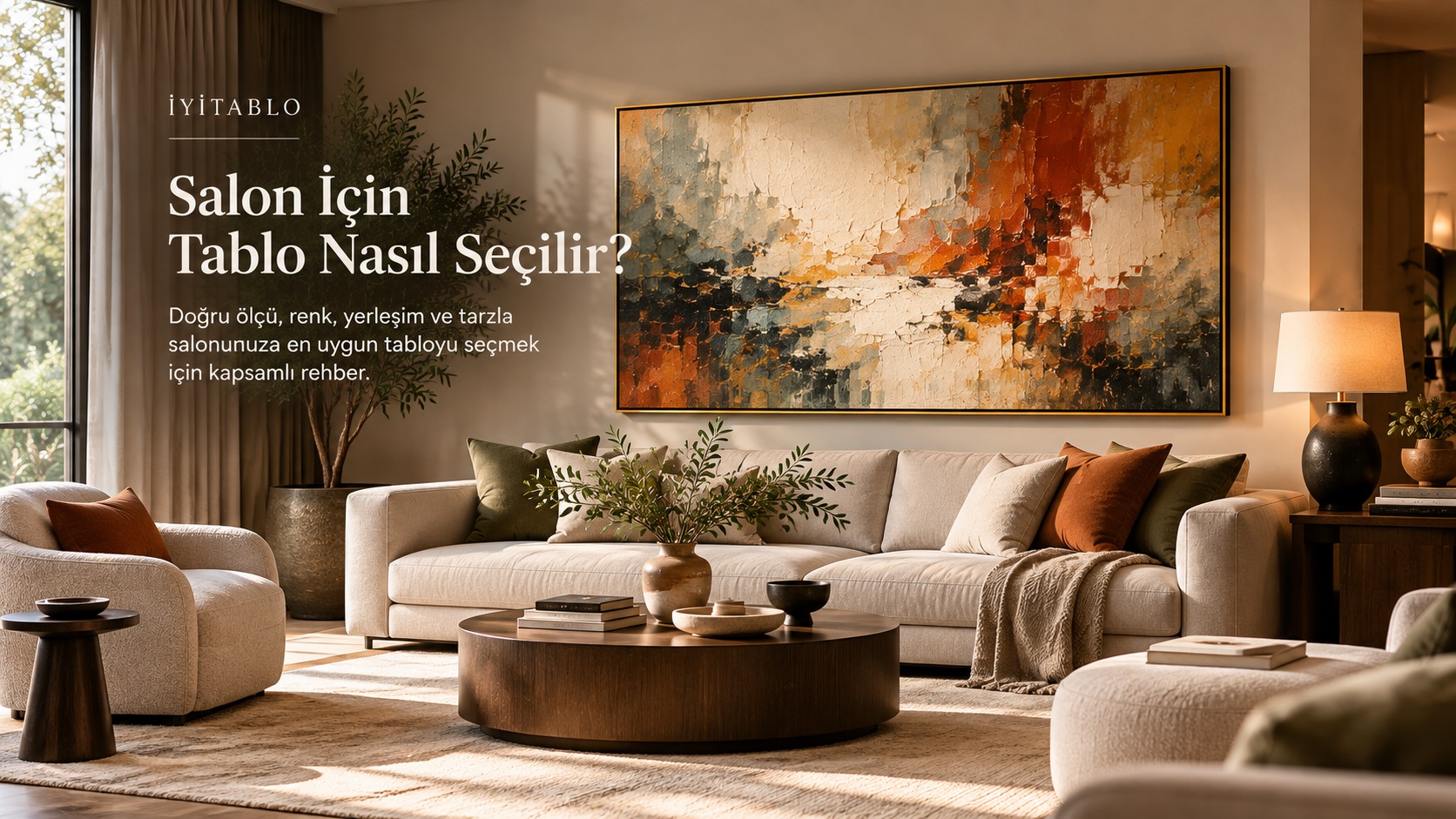 Modern salonda koltuk üzerinde büyük tablo yerleşimi