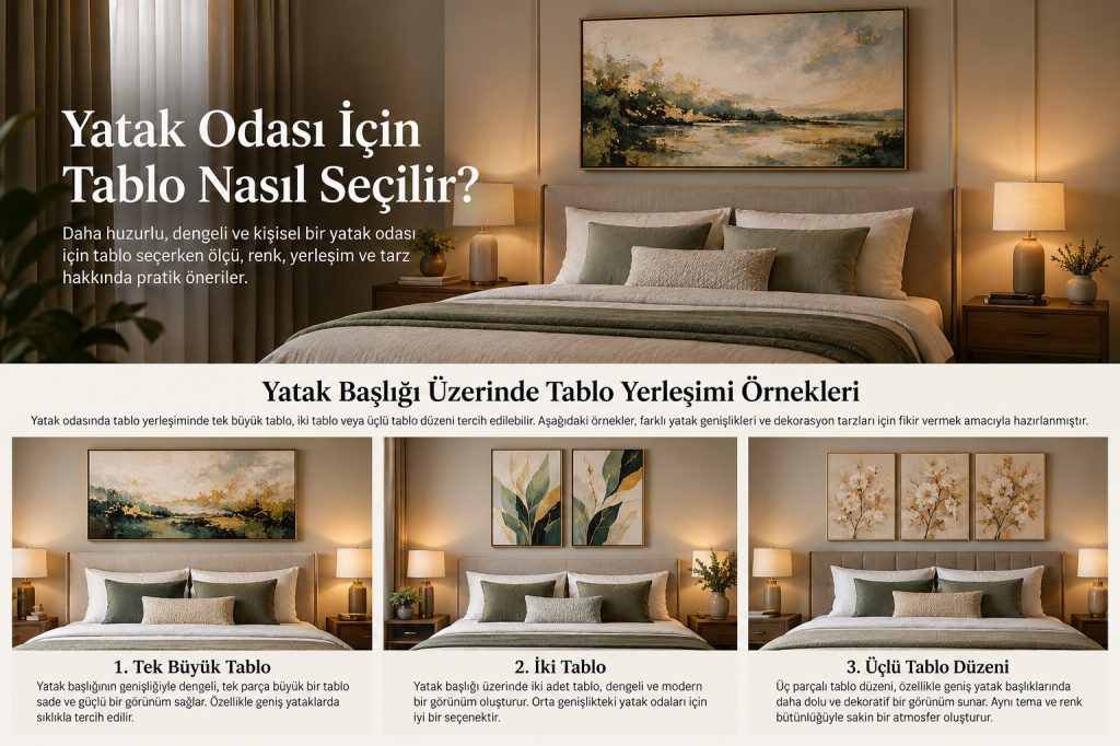 Yatak odasında yatak başı için tek büyük, ikili ve üçlü tablo yerleşimi karşılaştırması