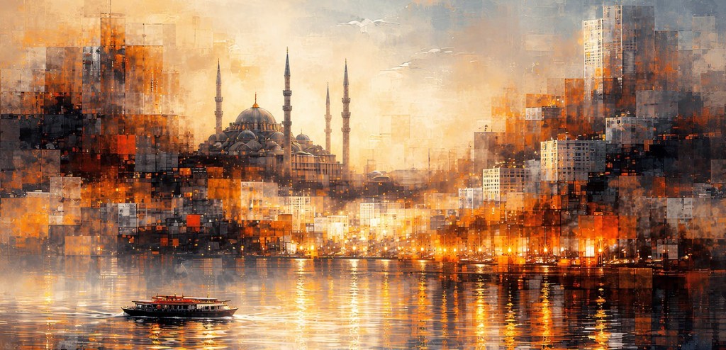İstanbul silüeti ve deniz üzerinde altın yansımalar bulunan şehir manzarası