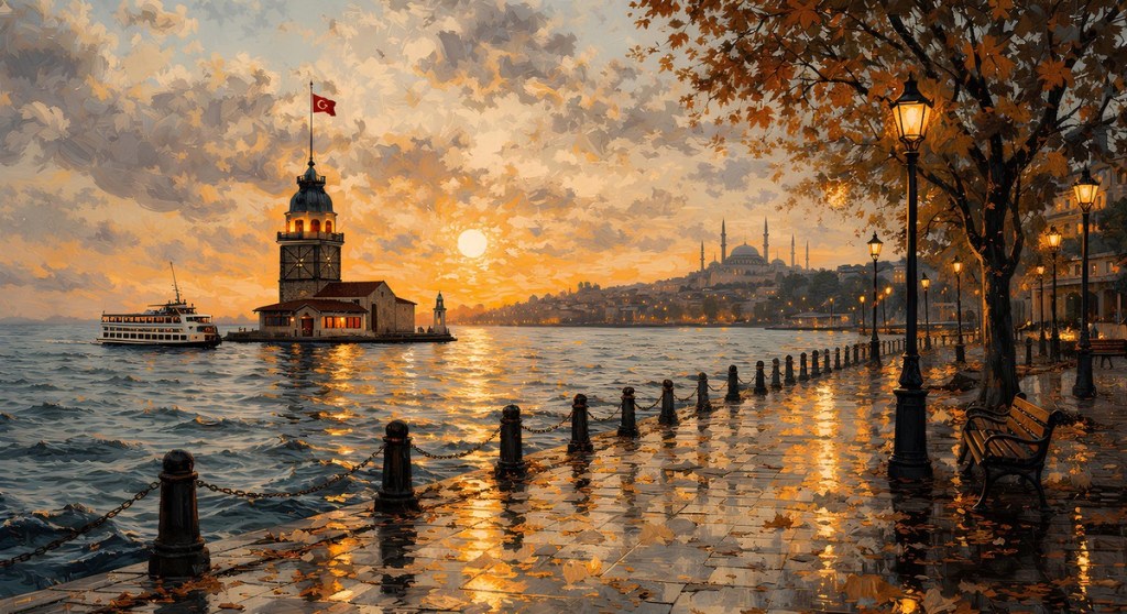 Kız Kulesi, iskele ve gün batımı ışıklarıyla İstanbul manzarası