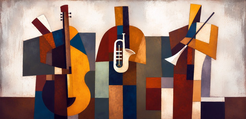 Gitar ve müzik formlarını çağrıştıran geometrik renk alanlı soyut kompozisyon