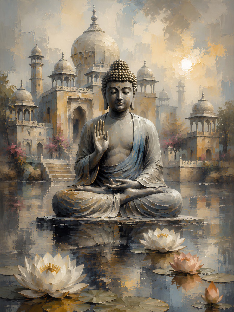 Lotusların önünde oturan Buddha figürü ve kubbeli yapılar