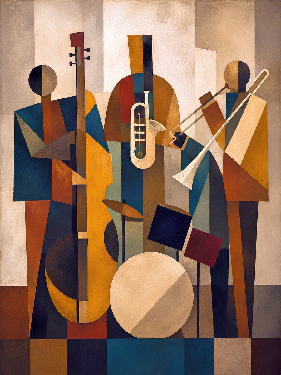 Geometrik bas trompet ve trombon çalan müzisyenler