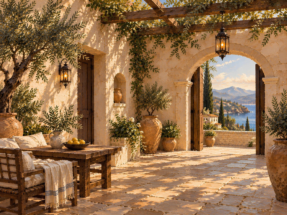 Bitkili pergola altında masa ve kemerli göl manzarası