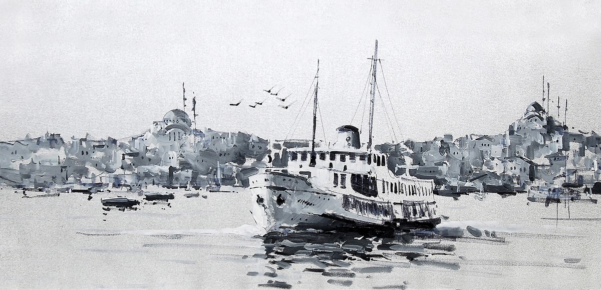 Gri tonlarda İstanbul kıyısı ve öndeki vapur
