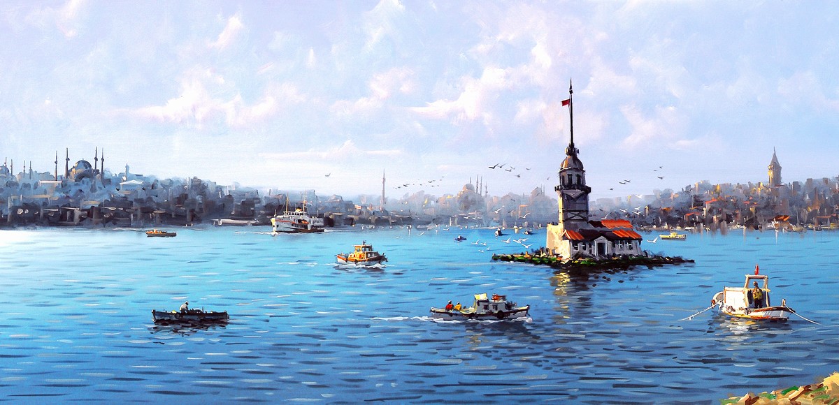 Mavi Boğaz üzerinde Kız Kulesi ve küçük tekneler