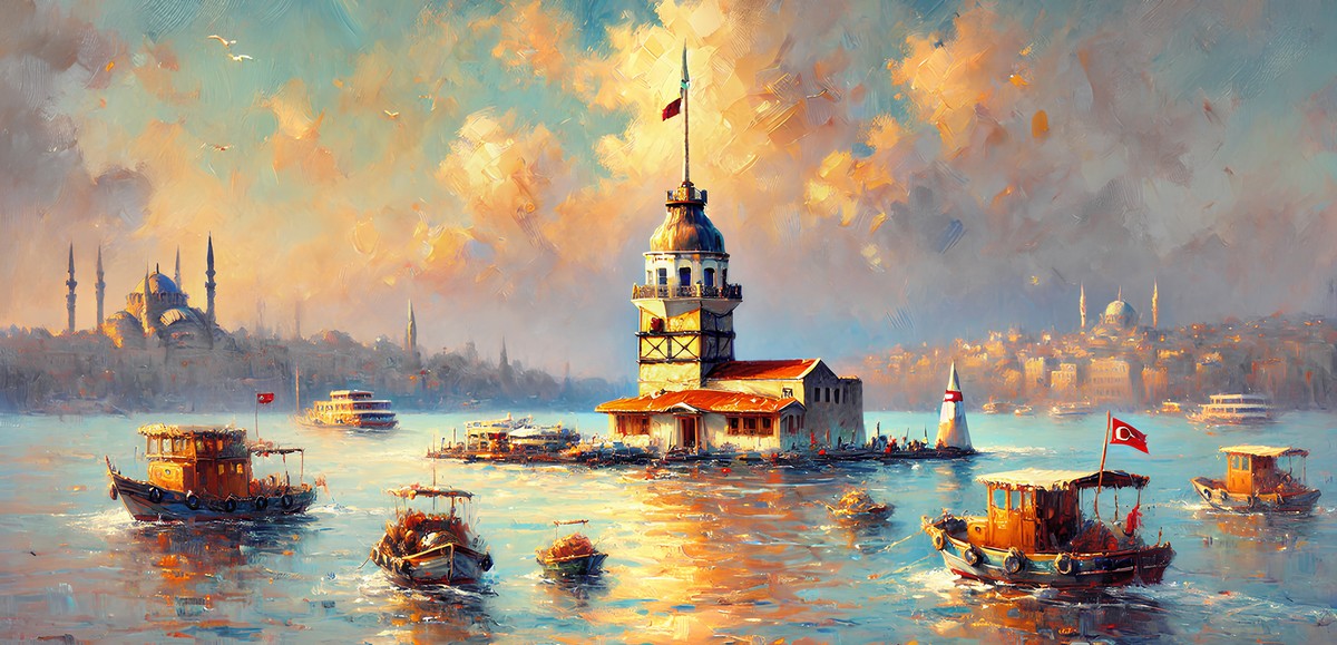 Sıcak turuncu ve mavi renklerle Kız Kulesi ve tekneler