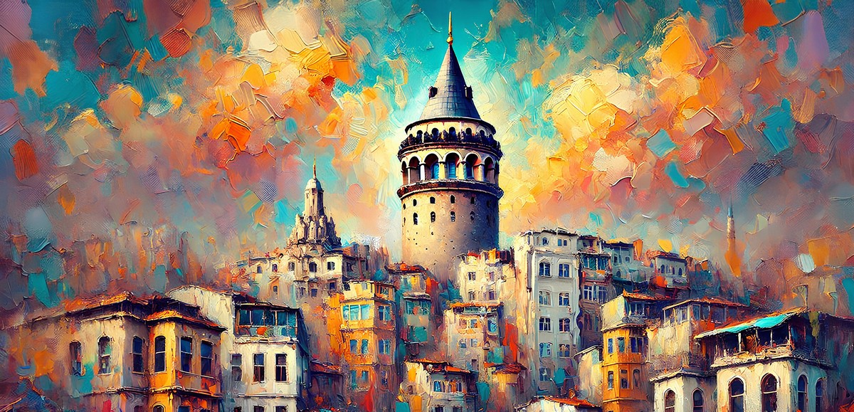 Turkuaz, sarı ve turuncu şehir dokusu içinde Galata Kulesi