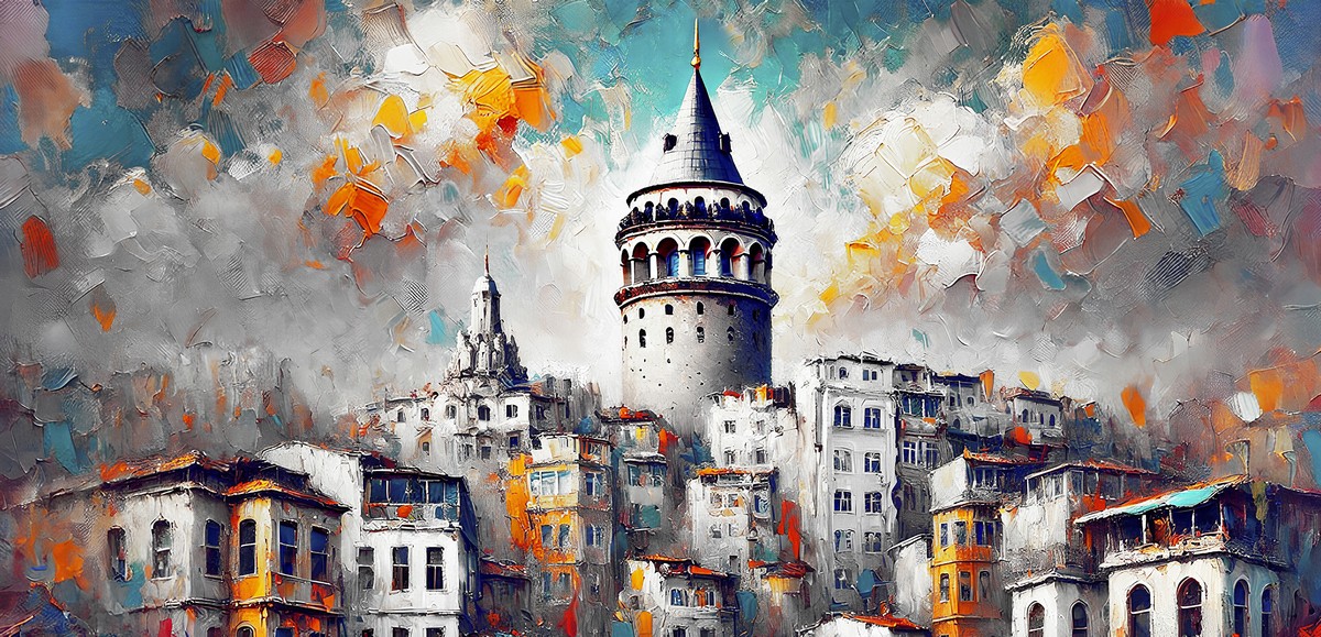 Açık gri zeminde turuncu ve mavi dokularla Galata Kulesi ve çatılar