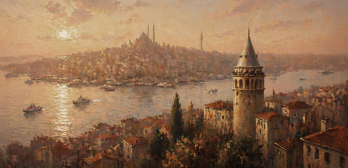 Sıcak tonlarda Galata Kulesi, şehir çatıları ve uzakta Boğaz
