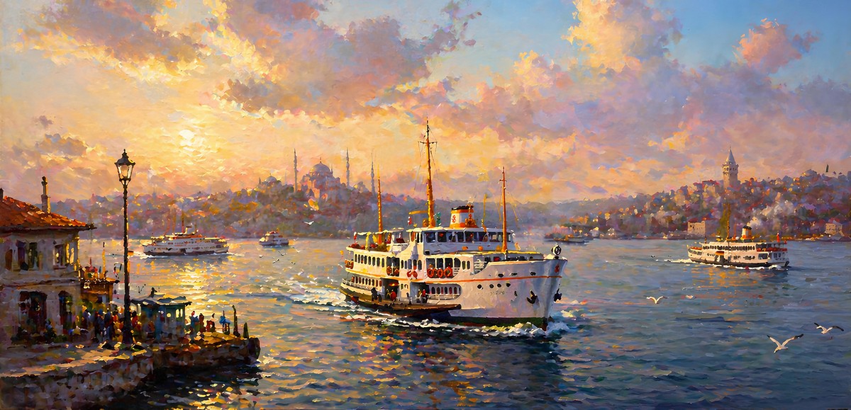 Altın bulutlar altında beyaz vapur ve İstanbul cami silueti
